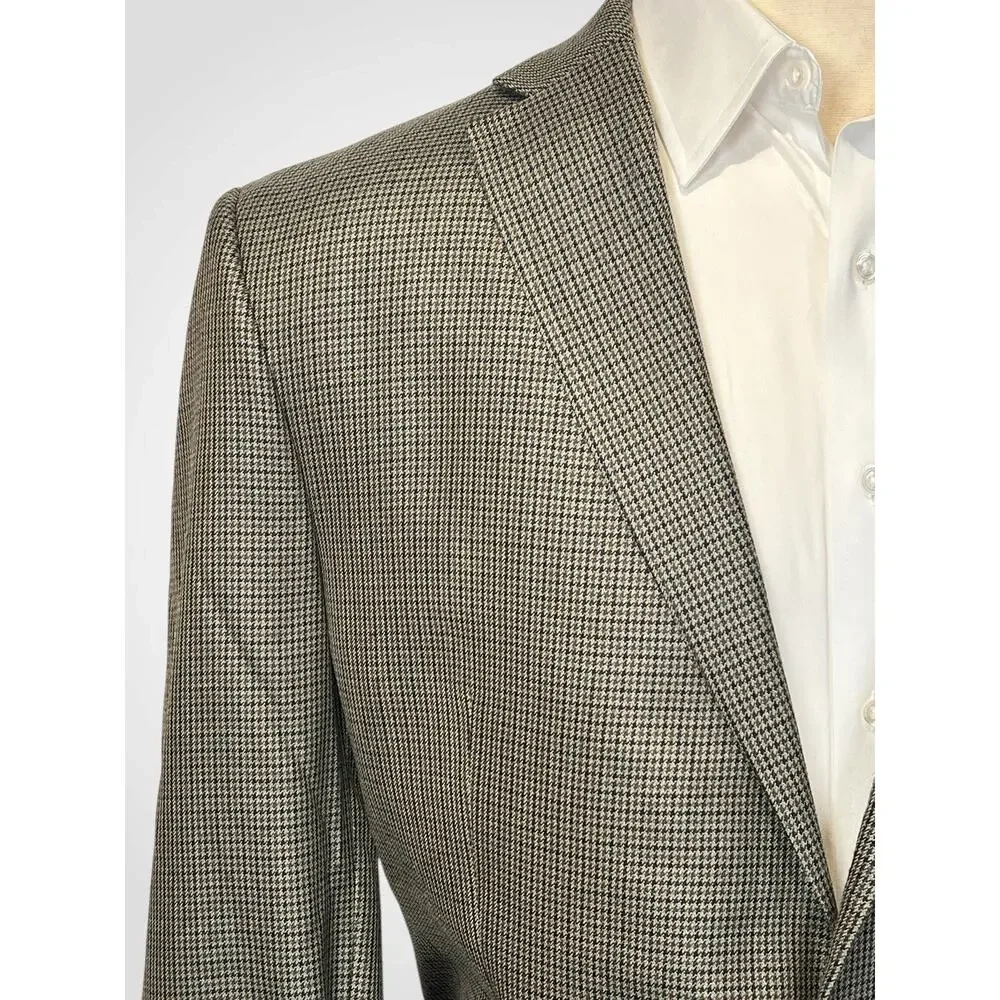 Ralph Lauren LRL 48L Tan Brown Houndstooth Silk Wool Blazer Sport Jacket